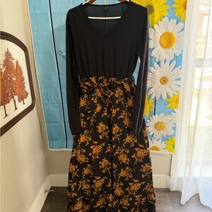 SHEIN Black and Mustard Floral Long Sleeve Maxi Dress